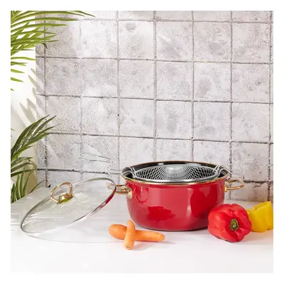 Karaca Love of Kitchen Retro Enamel Induction Frying Pot, 22cm, Red