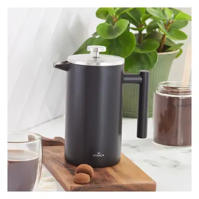 Karaca Stainless Steel Double Wall French Press, 1000ml, Matte Black Silver