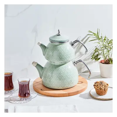 Karaca Kristal Enamel Induction Teapot Set, Green Silver