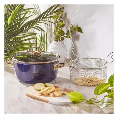 Karaca Love of Kitchen Retro Enamel Induction Frying Pot, 22cm, Navy Blue Gold