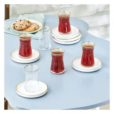 Karaca Athen Piece Glass Turkish Tea Set for People, 110ml, White Gold