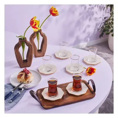 Karaca Hubble Piece Glass Turkish Tea Set for People, 160ml, White Gold