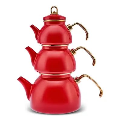 Karaca Retro 3-Piece Enamel Induction Teapot Set, Red