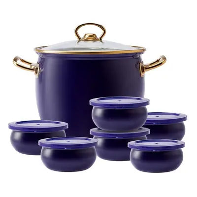 Karaca Retro 7-Piece Enamel Yoghurt Fermentation Set, Navy Blue Gold