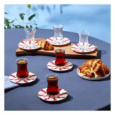 Karaca Astley 12-Piece Tea Glass and Saucer Set for People, 110ml, Red