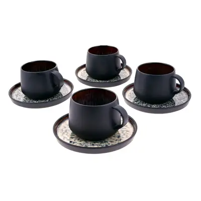 Karaca Galactic Piece Reactive Glaze Tea Cup and Saucer Set for People, 300ml, Black Multi