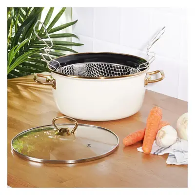 Karaca Love of Kitchen Retro Enamel Induction Frying Pot, 22cm, Cream