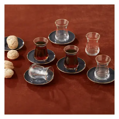 Karaca Retro 12-Piece Glass Turkish Tea Set for People, 132ml, Anthracite Gold