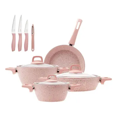 Karaca Stella Biogranite 11-Piece Non-Stick Cookware Set with Knife Set, Pink