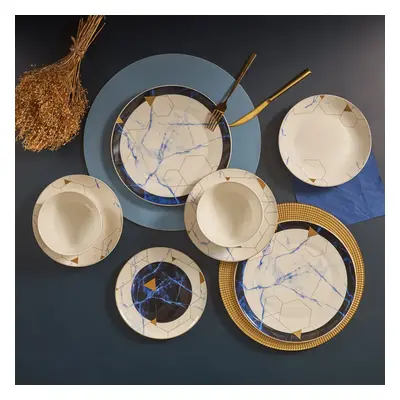 Karaca Gem 24-Piece Porcelain Dinner Set for People, White Gold Blue