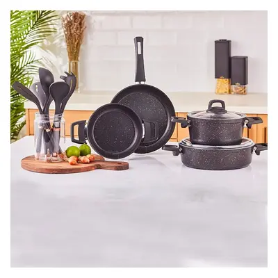 Karaca Biogranite Black Gold 11-Piece Non-Stick Cookware Set with Kitchen Utensil Set, Black Gol