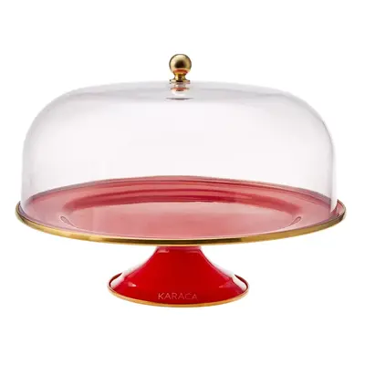 Karaca Troy Enamel Induction Cake Stand with Dome, 30cm, Red Gold Transparent