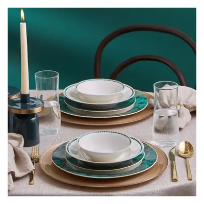 Karaca Zümrüt 24-Piece Porcelain Dinner Set for People, Green White