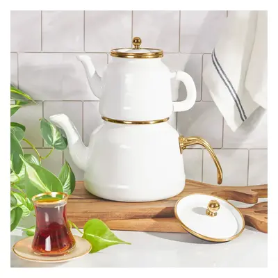 Karaca Troy Enamel Induction Teapot, 28cm, White Gold