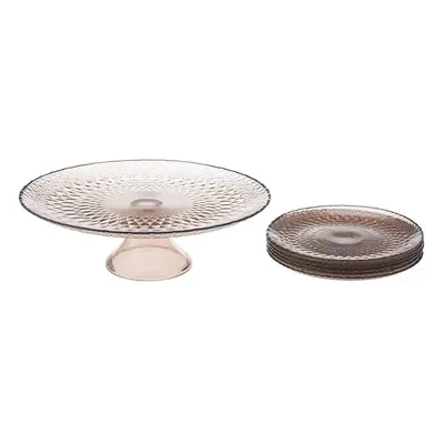 Karaca Glass Cake Stand with Serveware Set for People, Piece, Pink Transparent