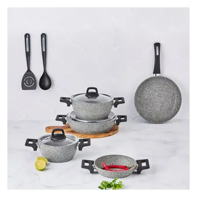 Karaca Stella Biogranite 10-Piece Non-Stick Cookware Set with Kitchen Utensil Set, Grey