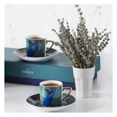 Karaca Peacock Piece​ Porcelain Espresso Turkish Coffee Cup Set for People, 90ml, Multi