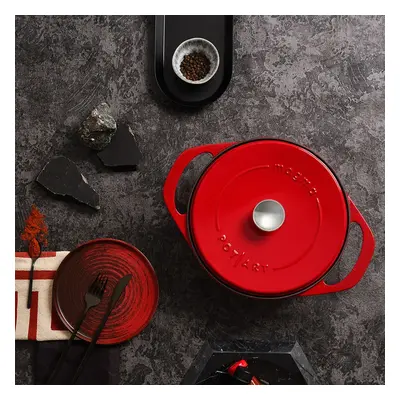 Pot Art Cast Iron Induction Shallow Casserole with Lid, 26cm, Red