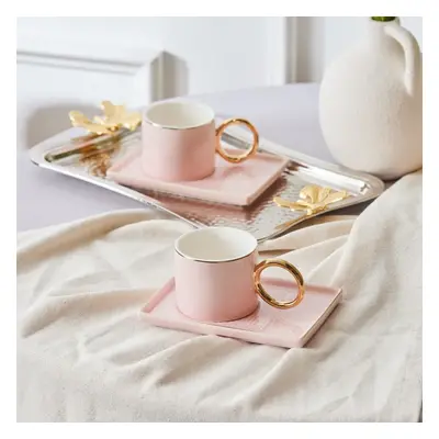 Karaca Soho 4-Piece Bone China Espresso Turkish Coffee Cup Set for People, 80ml, Pink Gold