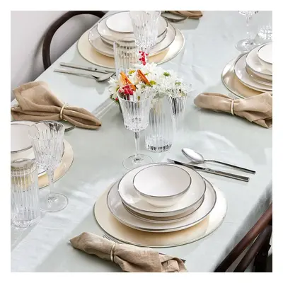 Karaca Eclipse 57-Piece Bone China Dinner Set for People, White Platinum