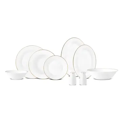 Karaca New Lexi 56-Piece Bone China Dinner Set for People, White Gold