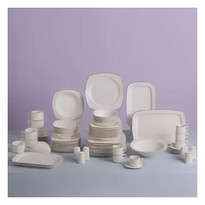 Karaca Timeless 84-Piece Porcelain Square Dinner Set for People, White Gold