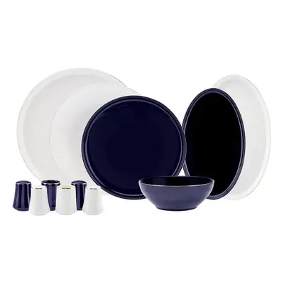 Karaca Elara 57-Piece Bone China Dinner Set for People, Navy Blue Gold White