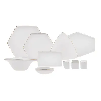 Karaca Red Carpet Collection Streamline Geo 59-Piece Bone China Dinner Set for People, White Gol