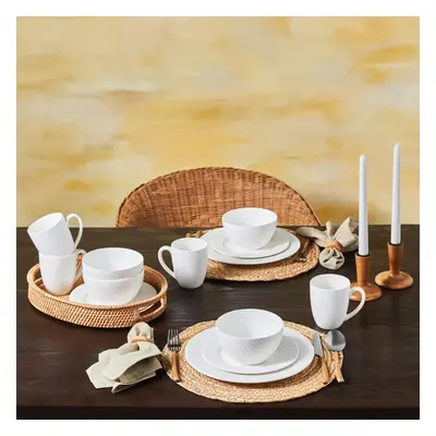 Karaca Punto Embossed 16-Piece Bone China Dinner Set for People, White