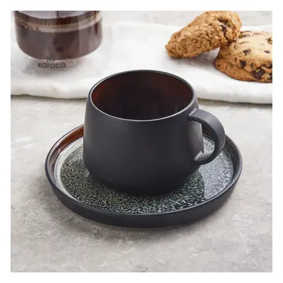 Karaca Galactic Reactive Glaze Tea Cup and Saucer, 300ml, Black Multi