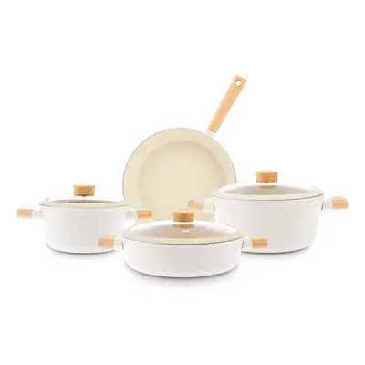 Karaca Swiss Crystal Woody 7-Piece Non-Stick Induction Cookware Set, Cream