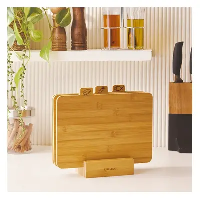 Karaca Triple 4-Piece Bamboo Chopping Board Set with Stand, Wood