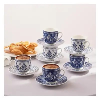 Karaca Peyker 12-Piece Bone China Espresso Turkish Coffee Cup for People, 85ml, Blue