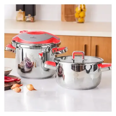 Karaca Orbit 4-Piece Stainless Steel Induction Pressure Cooker Set, 4L+6L, Red