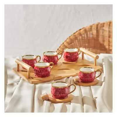 Karaca 12-Piece Bone China Espresso Turkish Coffee Cup Set with Bamboo Tray for People, 90ml, Re