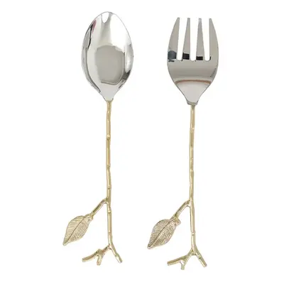 Karaca Leaf 2-Piece Stainless Steel Serving Fork and Serving Spoon, 29cm, Gold