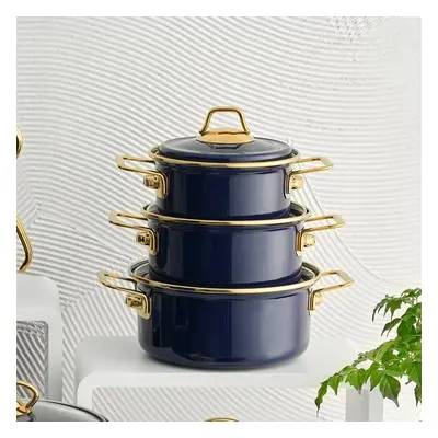 Karaca Piraye Enamel 6-Piece Cookware Set, Navy Blue Gold